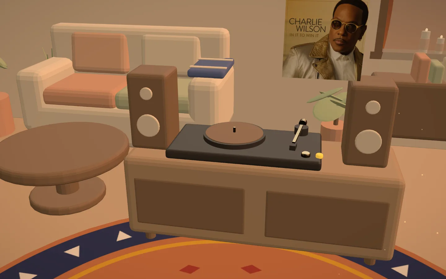 Keith Hetrick's listening room, a warm hacienda studio with a turntable, a crate of records, and career highlights framed on the wall.